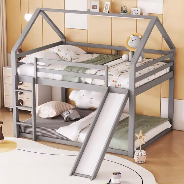 Letto a castello per bambini 140 × 200 cm con scivolo e scala intercambiabili, senza materasso, grigio