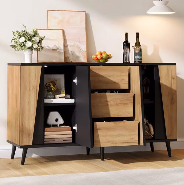 Sideboard con 2 ante e 3 cassetti; ripiani regolabili; MDF e truciolare; naturale e nero; 120x40x70 cm