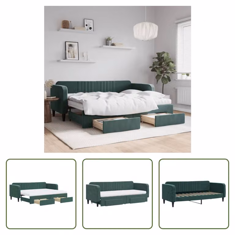 The Living Store Letto da giorno allungabile con cassetti Verde scuro 80x200 cm in velluto