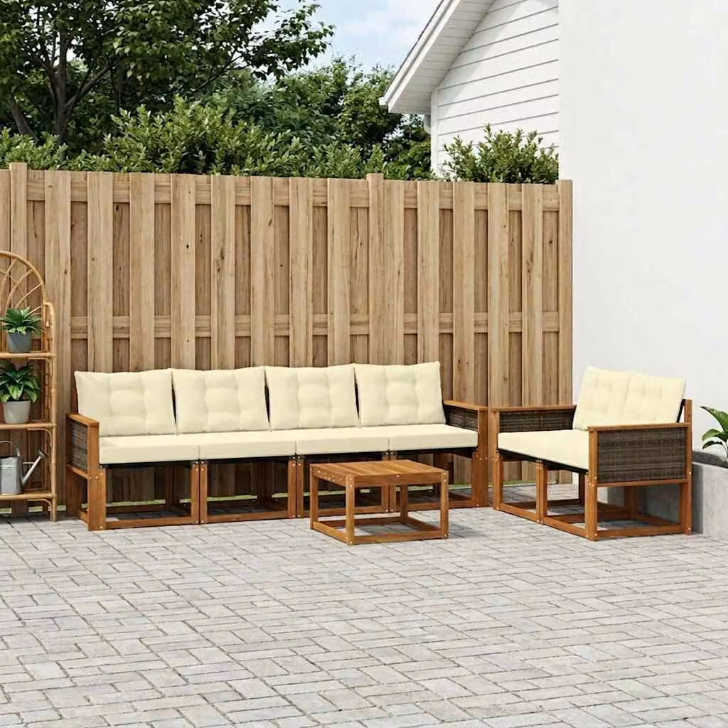 Set di divani da esterno vidaXL 7 pezzi in legno di acacia con cuscini beige e bianco per giardino e terrazza