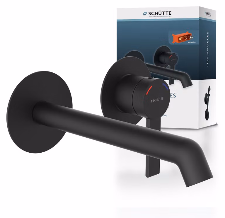 Miscelatore per lavabo, modello Los Angeles, montaggio a parete, colore nero, bocchetta di erogazione di 210 mm