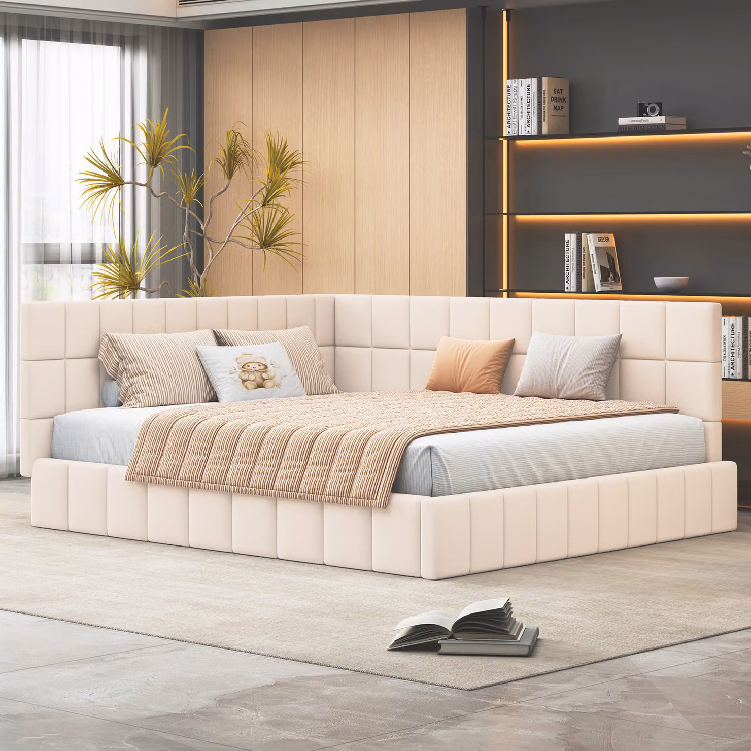 Letto imbottito Flieks 160x200cm con rete a doghe, divano letto con schienale regolabile, letto matrimoniale letto per ospiti letto per ragazzi, velluto, beige