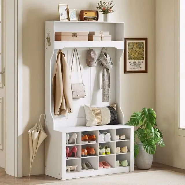 Garderoba 4 in 1 bianca con panca, 6 ganci e 12 vani portascarpe