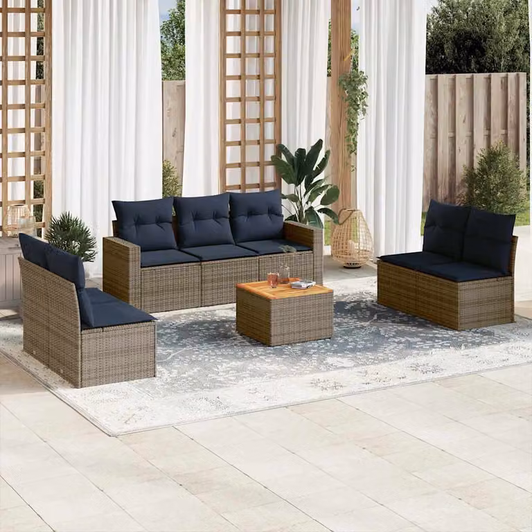 vidaXL Set Divani da Giardino 8 pz a forma di U in Polyrattan con Cuscini Grigio e Blu