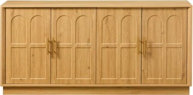 Credenza moderna con ante curve in MDF e dettagli in metallo, colore beige, per soggiorno o sala da pranzo, L: 169 cm, P: 40 cm, H: 80 cm