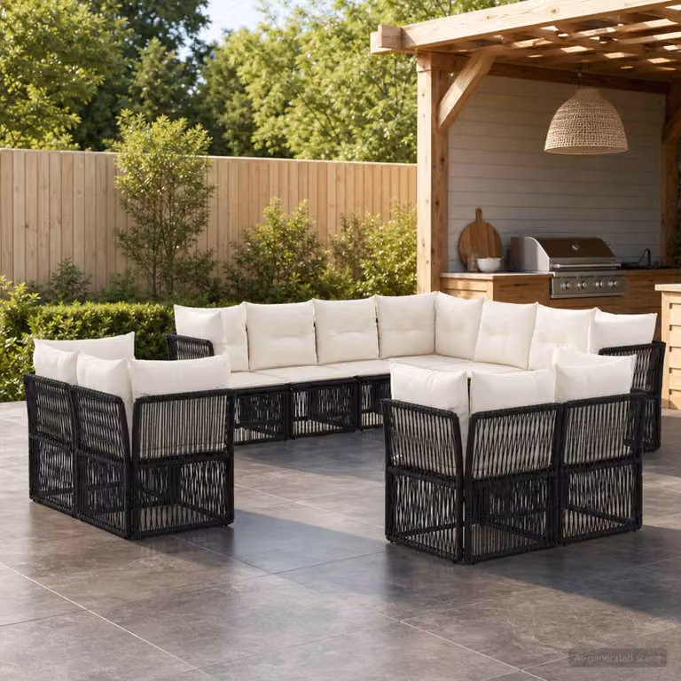 Set Divano da Giardino vidaXL 11 pz Nero in Polyrattan con Cuscini e Struttura in Acciaio Verniciato a Polvere a Forma di U