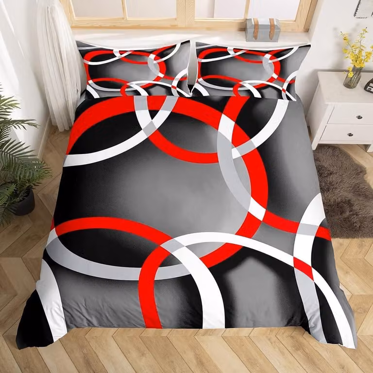 Set di lenzuola per singola persona - Motivo geometrico moderno - Grigio, rosso, nero, bianco