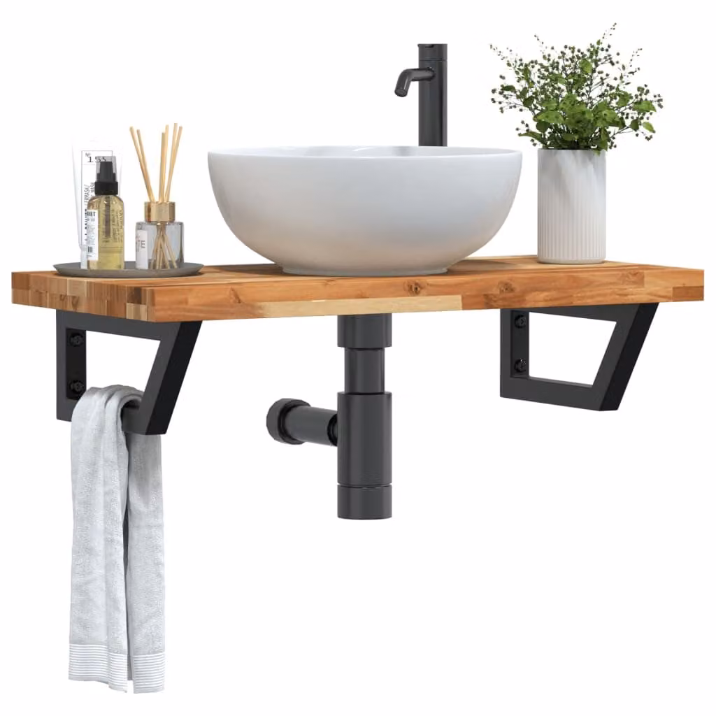 vidaXL Ripiano a Parete per Lavabo in Accacia e Acciaio, Nero e Marrone, L: 40 cm, P: 19 cm, H: 3 cm