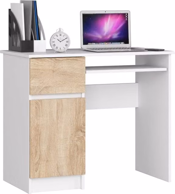 Scrivania per computer AKORD PIKSEL Bianco con inserto frontale Sonoma Quercia, 1 anta e 1 cassetto, L: 90 cm, P: 50 cm, H: 77 cm, Modello a sinistra