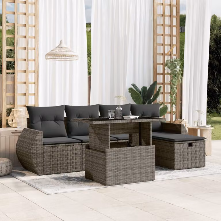 vidaXL Set Divano da Giardino 6 pz in Polyrattan Grigio con Cuscini e Tavolino