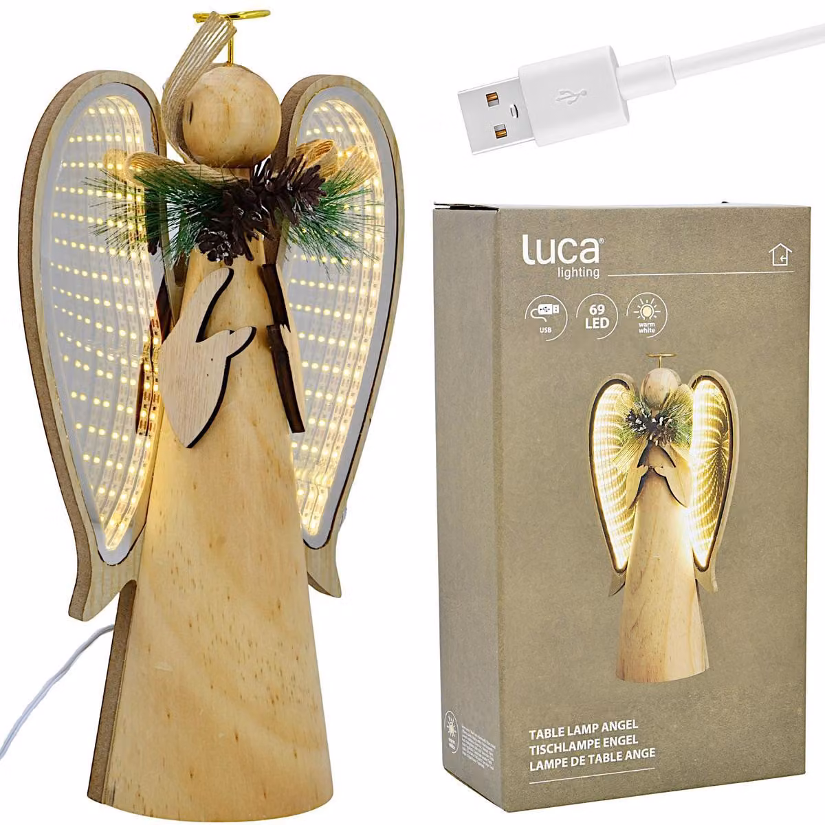 Angelo decorativo in legno con effetto LED a infinito, 30 cm, alimentazione USB, luce bianco caldo