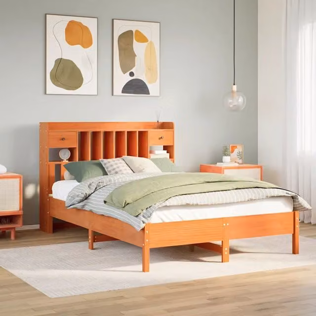Letto Libreria senza Materasso Marrone Cera 160x200 cm in Pino 3322905