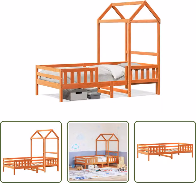 The Living Store letto in legno massiccio con tetto a cera marrone 80x200 cm pino