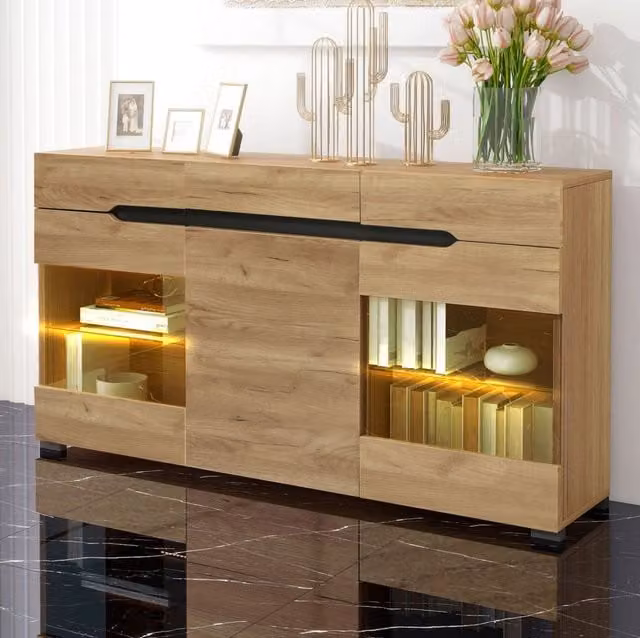 Credenza moderna in rovere marrone con illuminazione LED integrata, 3 armadi e 3 cassetti, L: 140 cm, H: 80 cm, P: 35 cm – 1