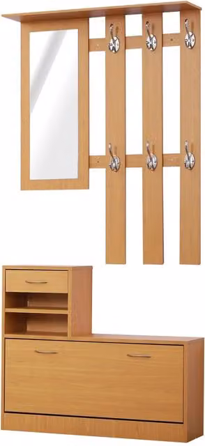 EasyComfort Set Mobili Ingresso Moderno con Scarpiera e Specchio, Appendiabiti da Ingresso con 6 Ganci, 2 Ripiani Regolabili e Cassetti in Legno per Corridoio, 90x24x166 cm, Legno