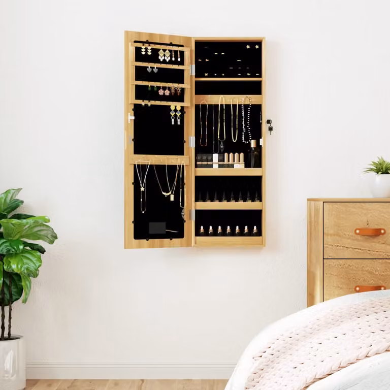 vidaXL Armadio Portagioie a Parete con Specchio e Luci LED, Marrone
