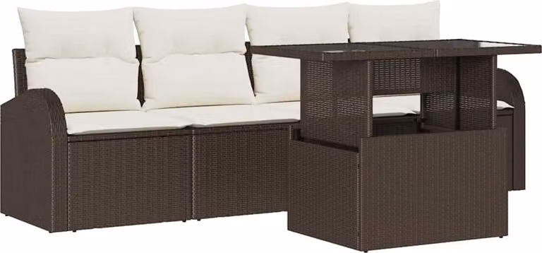 Set Divano da Giardino con cuscino 5 pcs Marrone Poly Rattan