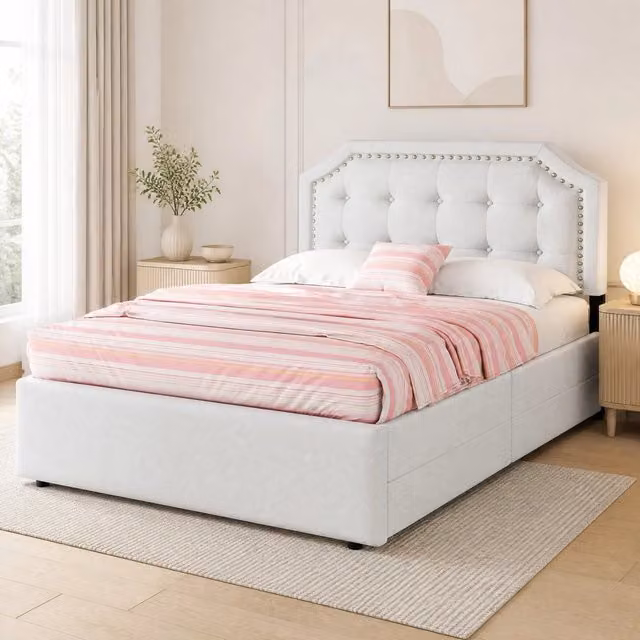 Letto singolo imbottito 90 × 200 cm in MDF e tessuto di lino beige chiaro con due cassetti e testiera regolabile