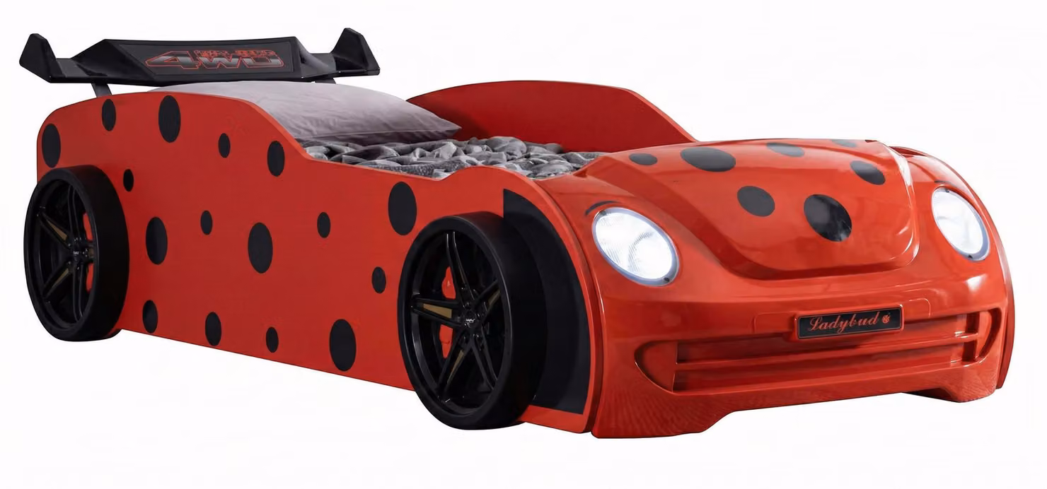 Letto a forma di coccinella, di colore rosso, con illuminazione a LED, ideale per la cameretta dei bambini