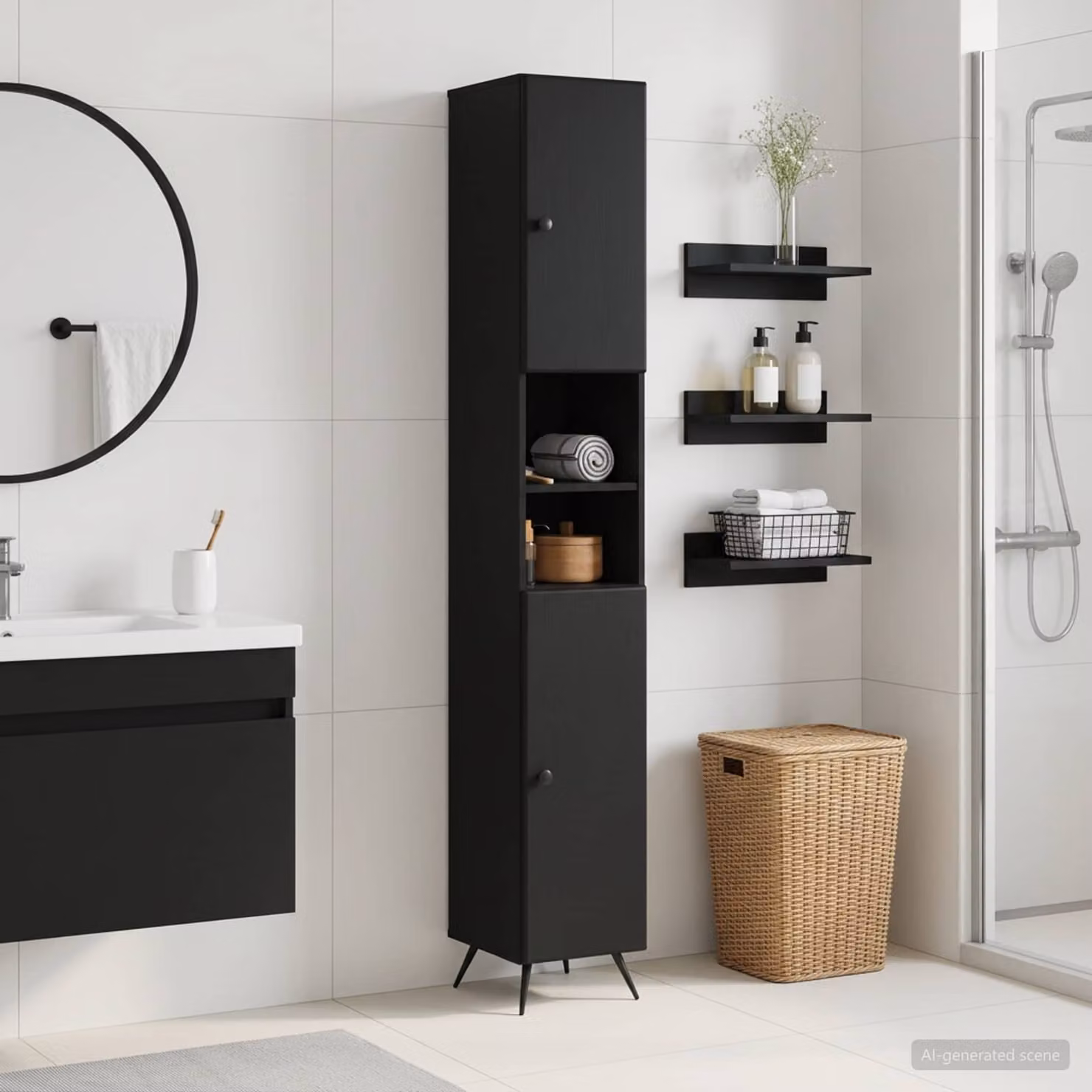 Armadio da bagno vidaXL BREDA nero con ripiano aperto e ante a battente L/P/H: 30 x 31 x 190 cm