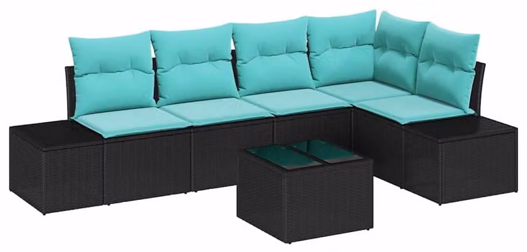 Set di divani da giardino con spazio contenitore, colore nero e turchese, in rattan sintetico