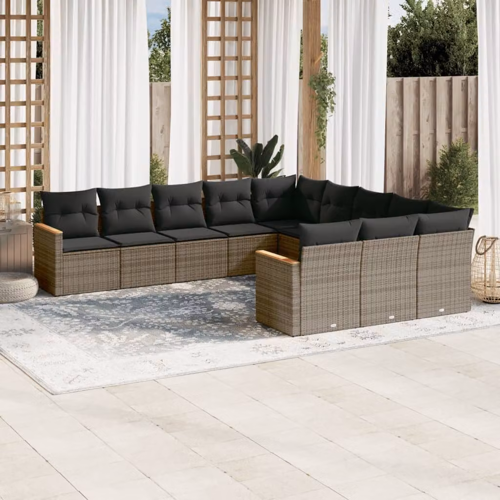 vidaXL Set Divani da Giardino a L 11 pz in Polyrattan e Legno di Acacia Grigio con Cuscini