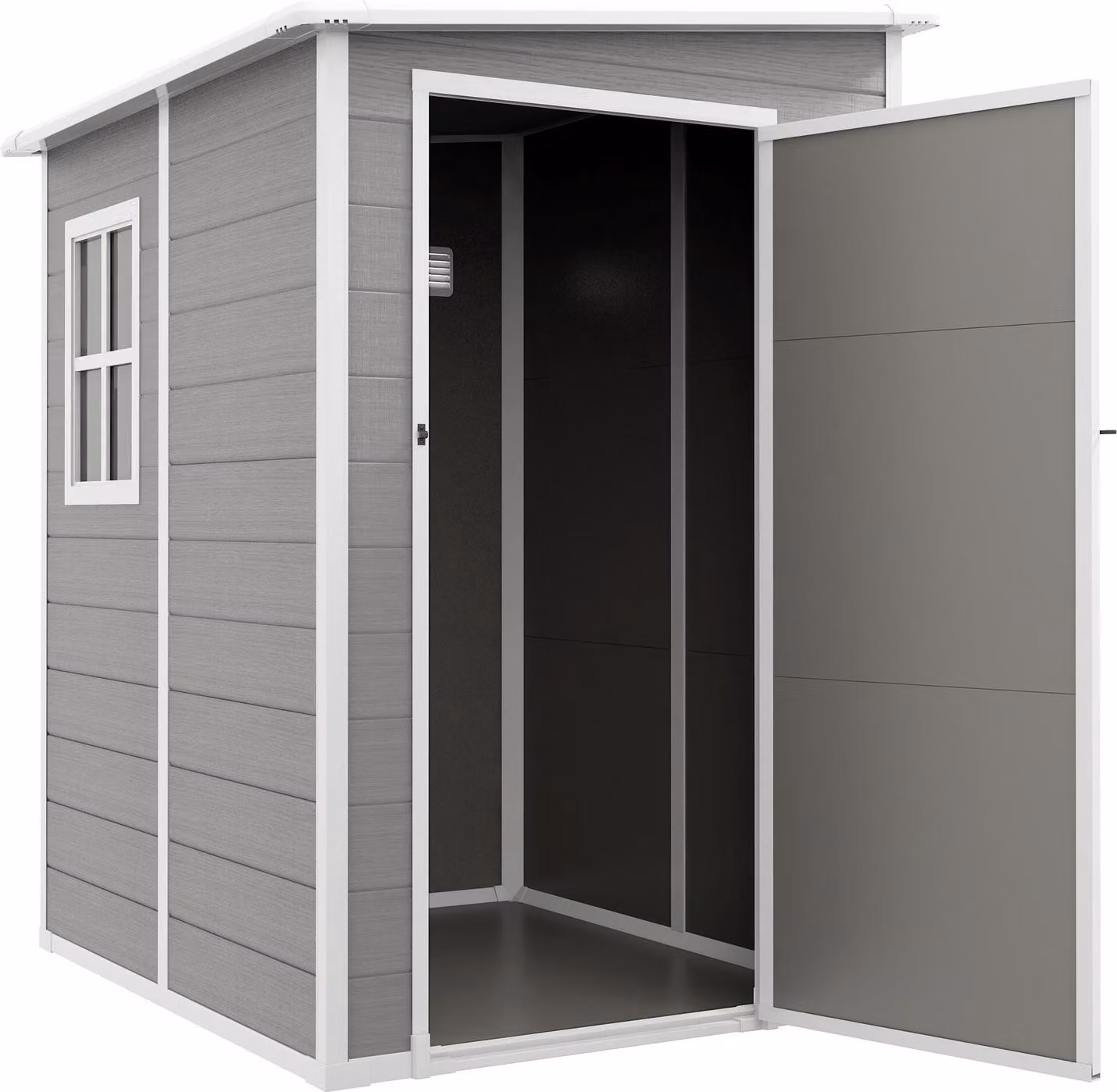 Casetta per attrezzi 1,54 m³, casetta da giardino con tetto spiovente, 122 x 149 x 192/177 cm, casetta per attrezzi con porta con serratura, finestra, garage per biciclette, armadio da giardino in alluminio, per cortile, giardino, grigio