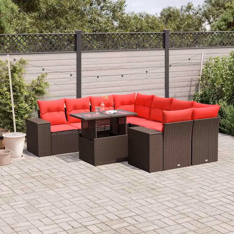 Set di divani da giardino vidaXL in polyrattan marrone con cuscini e tavolino da esterno 9 pz
