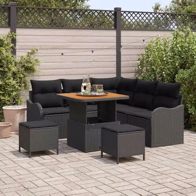 Set Divano da Giardino a L vidaXL 8 pz Nero con Cuscini e Tavolino in Polyrattan e Acciaio – 1