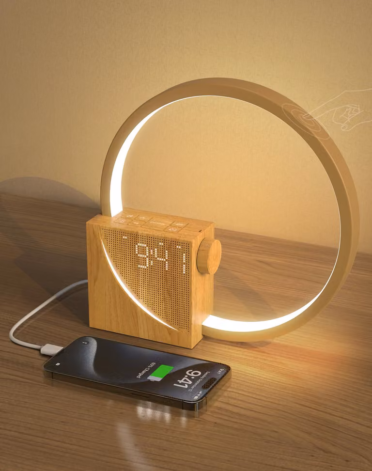 Lampada da comodino da 10W con 2 sveglie, porta USB, 3 livelli di luminosità e 10 suoni