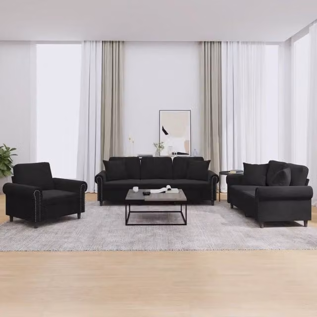 Set di divani 3 pezzi vidaXL in velluto nero con cuscini per soggiorno moderno