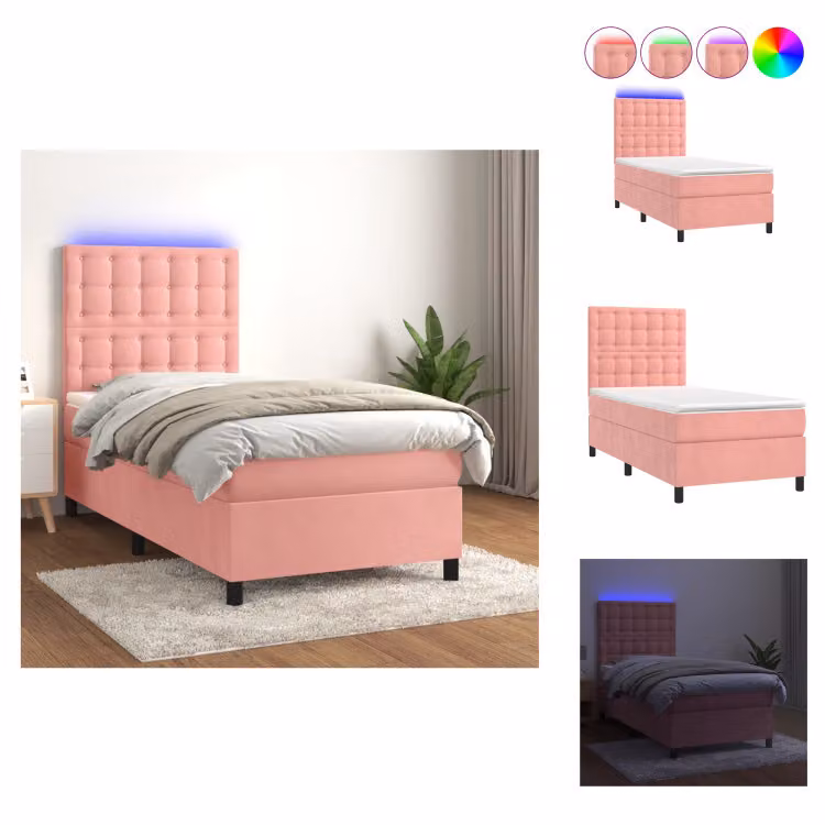 vidaXL Letto a molle con materasso e LED in velluto rosa 80x200 cm - Letti & strutture letto