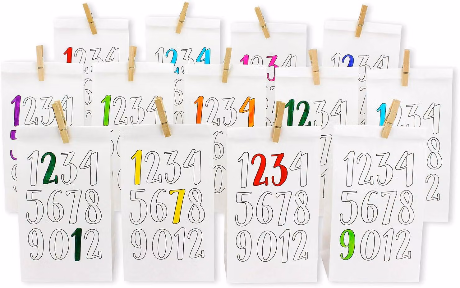 Set per calendario dell'Avvento in carta kraft - Numeri da colorare - Include 24 sacchetti di carta bianca stampati, da colorare e riempire a piacere