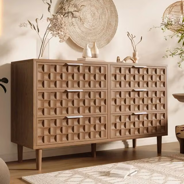 Credenza FOLYNA con 6 cassetti e guide scorrevoli in MDF color rovere e maniglie in metallo, L: 120 cm, P: 37 cm, H: 77 cm