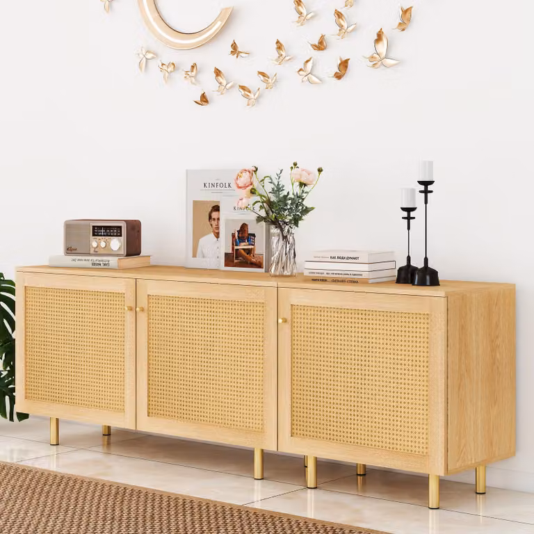MODFU Armadio da corridoio a tre ante con ante in rattan e gambe dorate, mobile contenitore, comodino con spazio di stivaggio, finitura naturale