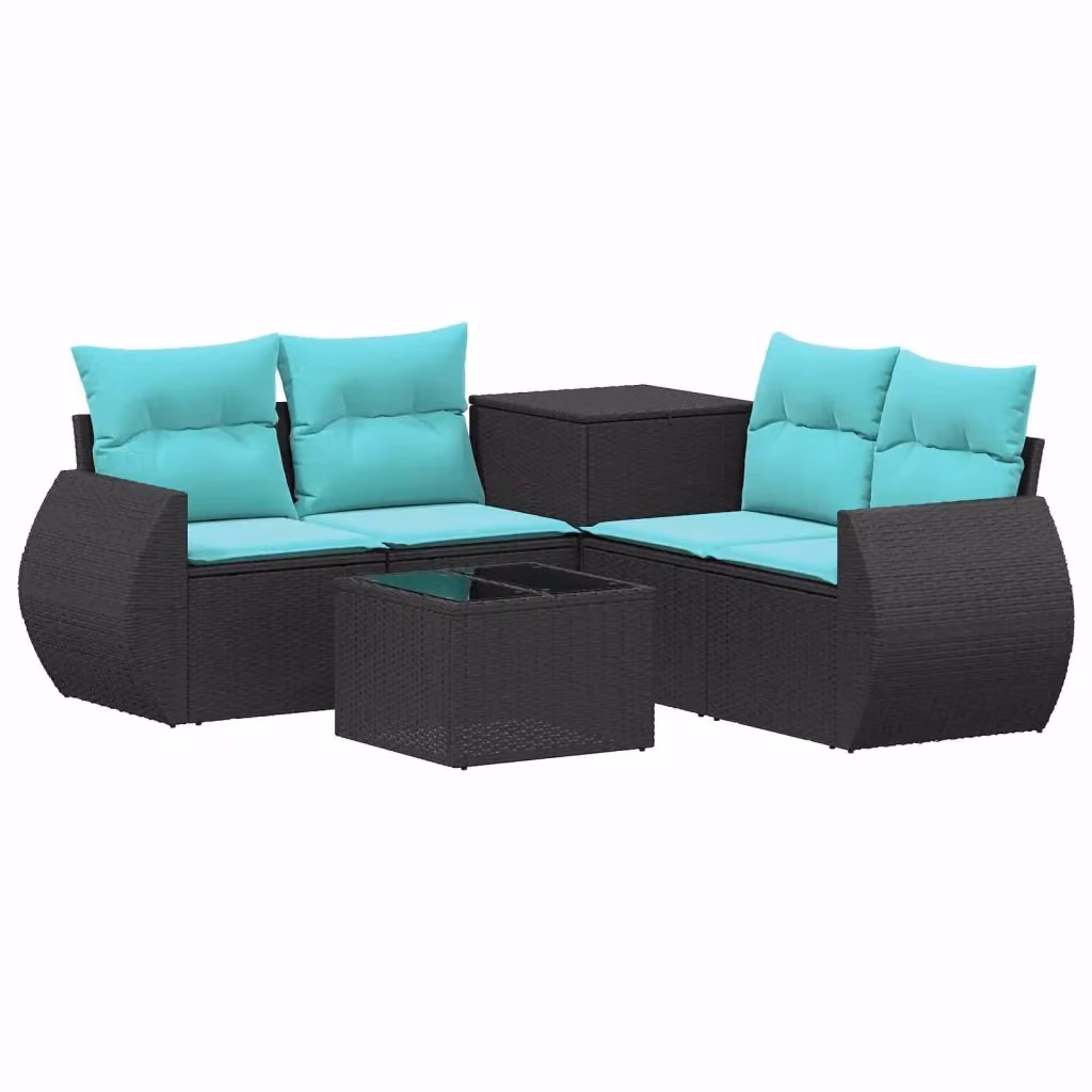 Set di divani da giardino a forma di L vidaXL con tavolo da caffè, 6 pezzi, nero e blu, in rattan sintetico e metallo – 2