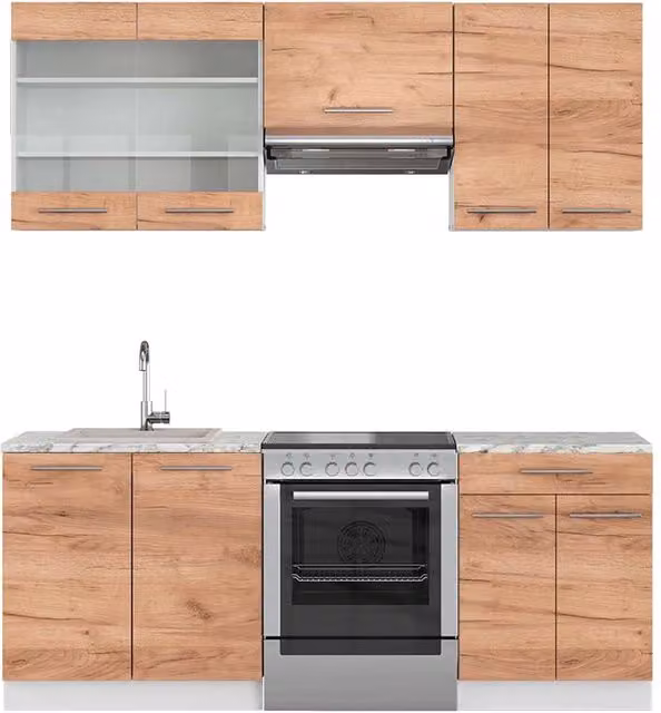 Cucina componibile Fame-Line Rovere dorato/Bianco 200 cm, PL Marmo Vicco