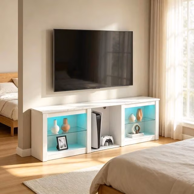 Mobile TV LED REDOM Bianco con finitura lucida e ripiani in vetro per TV fino a 70 pollici