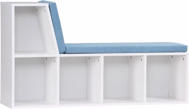Libreria banco 2 in 1 HOMCOM con 5 compartimenti di archiviazione e 2 cuscini, L: 108 cm, P: 30 cm, H: 60 cm, bianco e blu