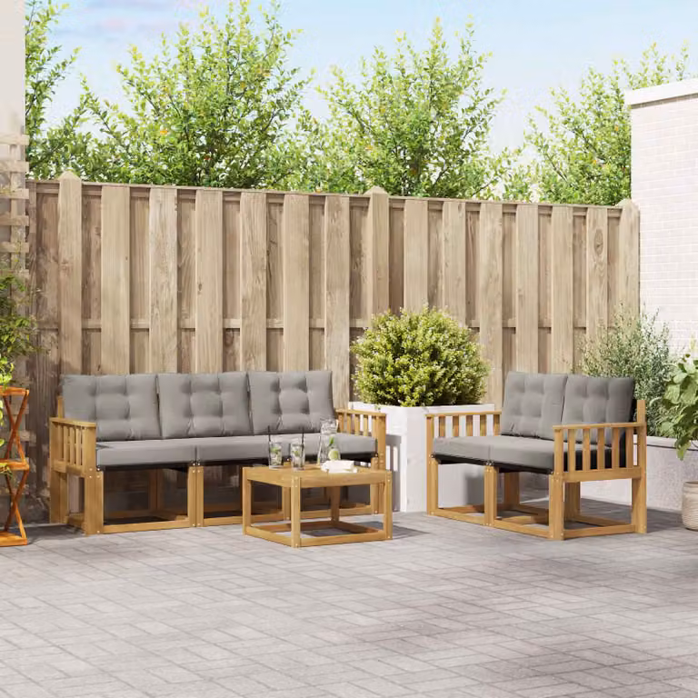 vidaXL Set di divani da esterno a L con tavolino da giardino in legno di acacia, 6 pezzi, Bianco, Grigio e Marrone