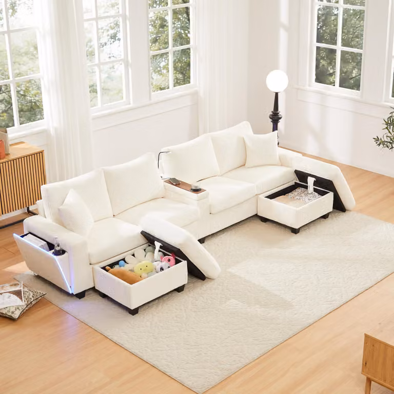 Divano angolare, divano modulare, sei posti, divano letto con spazio contenitore e poggiapiedi, divano per soggiorno con porta USB Type-C e illuminazione LED, adatto per soggiorno e camera da letto, color beige