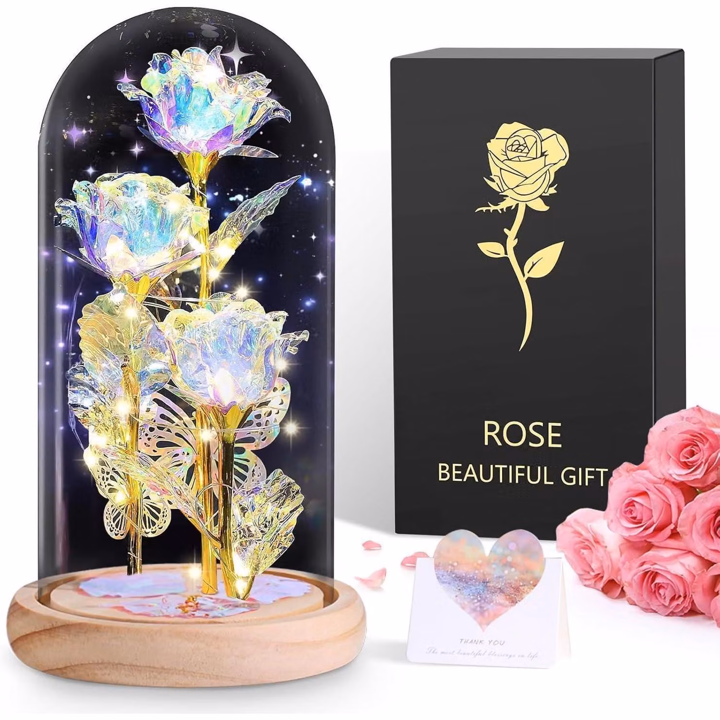 Rosa eterna in vetro con illuminazione a LED, decorazione per comodino, set di 3 rose "Galaxy"