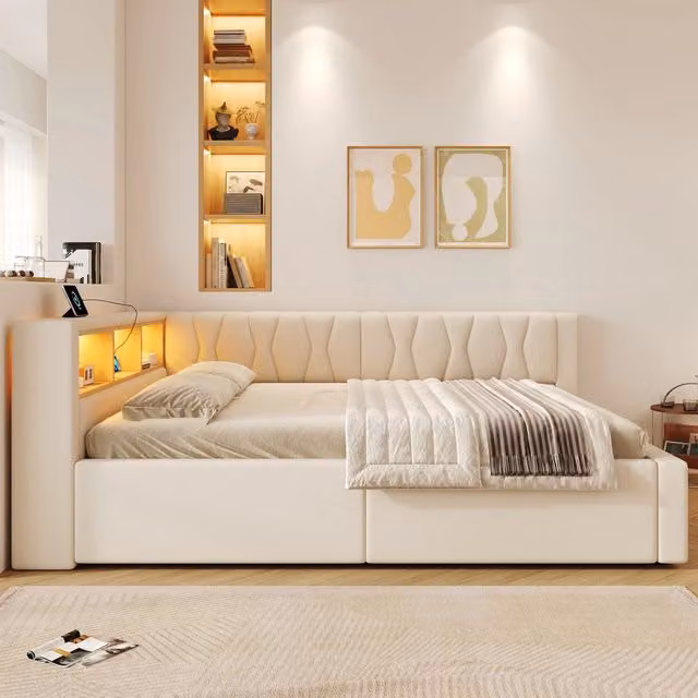 Divano letto contenitore imbottito 140 x 200 cm, daybed con contenitore idraulico, ripiano, LED regolabile e porta USB, beige