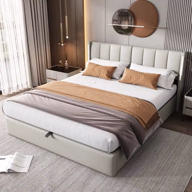 Letto imbottito 140x200 cm con USB e LED; testiera regolabile; PU grigio