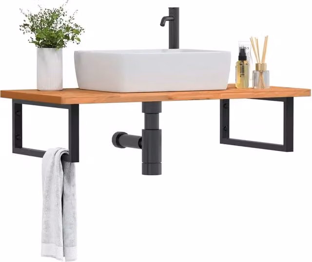 Ripiano a parete per lavabo vidaXL in legno di faggio e metallo nero e marrone