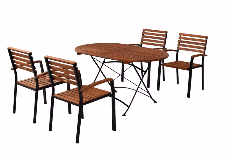 Set di mobili da giardino Merxx Schlossgarten 5 pezzi, 4 sedie impilabili, 1 tavolo pieghevole 140 x 90 cm - acciaio piatto/eucalipto