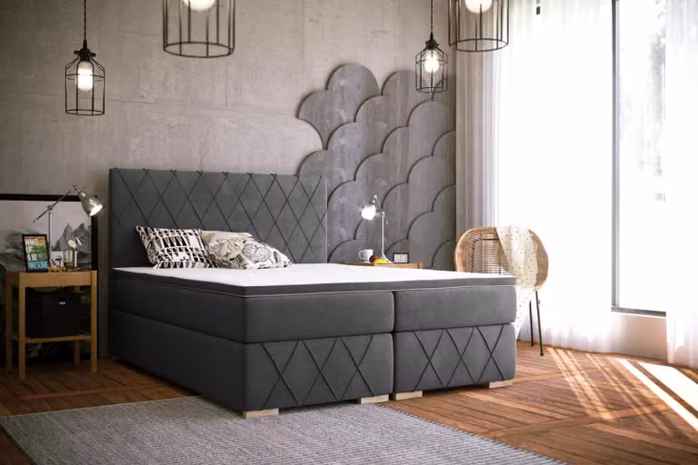 Komplett Set Matratze & Topper Boxspring Bett Grau Polster 180x200cm Betten