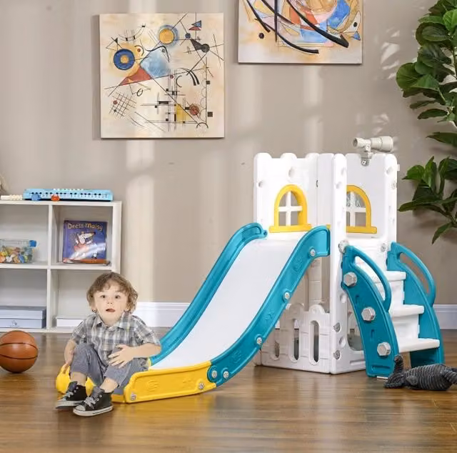 Scivolo per bambini ULEVR 4 in 1 con canestro, telescopio e struttura da arrampicata, giallo, 70x177x92 cm