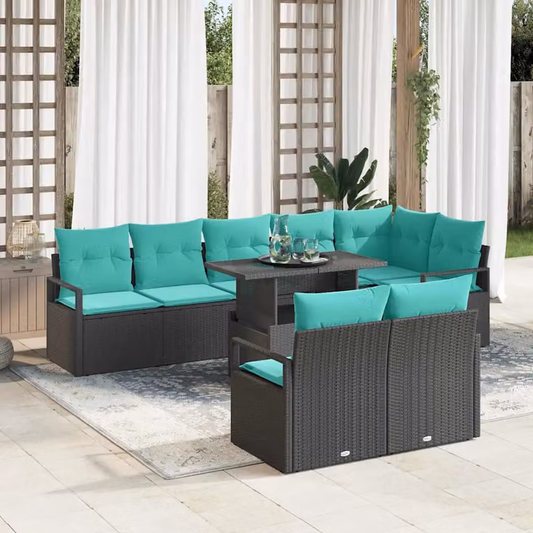Set Divano da Giardino Moderno vidaXL in Rattan e Metallo, 9 Pezzi, Nero e Blu