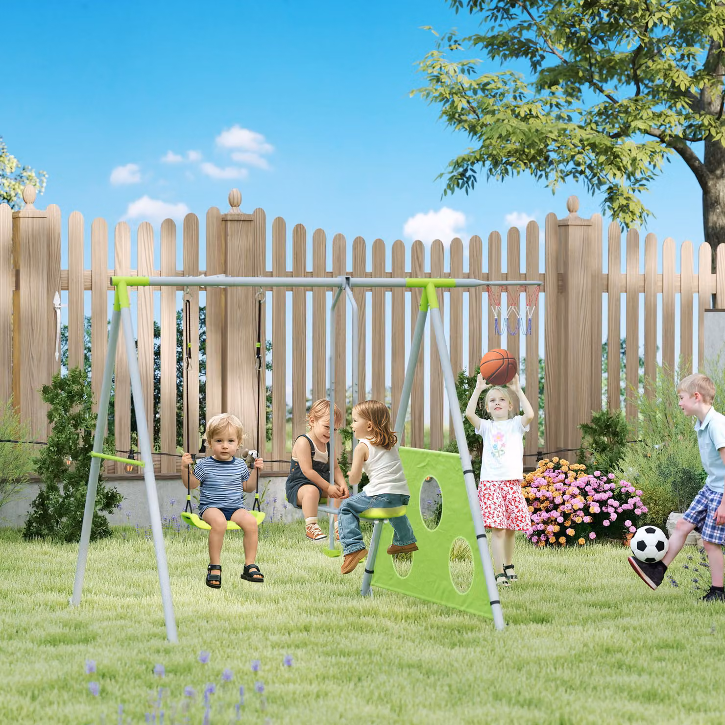AIYAPLAY Gioco per Bambini 4 in 1 con Torre di Gioco, 2 Altalene, Canestro e Porta da Calcio, L/P/H: 180 x 180 x 182 cm, Verde e Grigio – 2